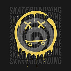 Skateboarding t-shirt design with smile that melts and dripping. Skateboard and smile print for tee shirt. Typography graphics